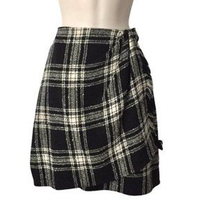 EMANUEL UNGARO Black and White Plaid Wool Faux Wrap Mini Skirt